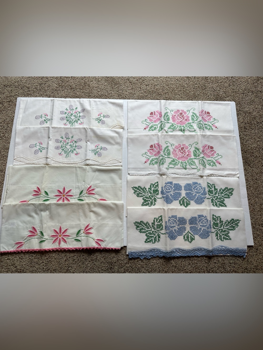 Vintage Lot Of 4 Sets Of Hand Embroidered/Crochet Pillowcases Multicolor Flowers